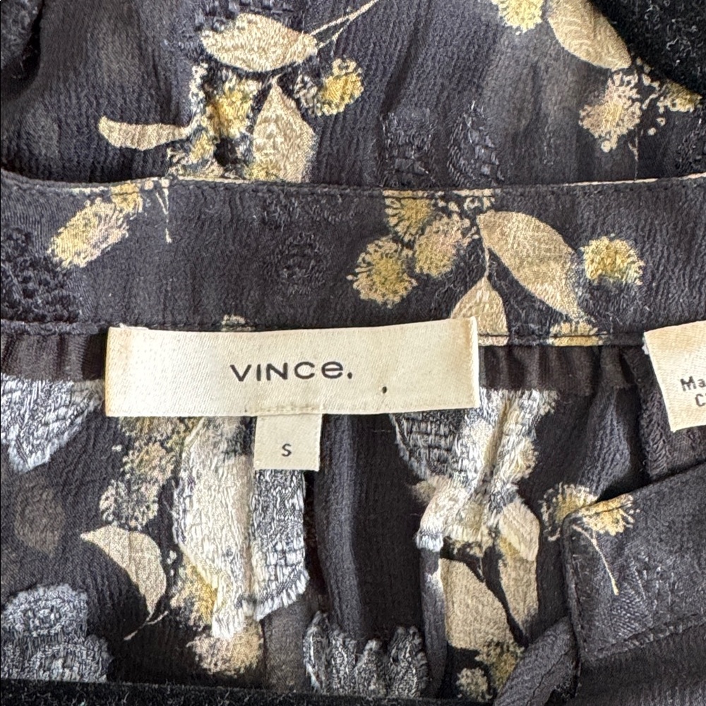 Vince Dandelion Poet Blouse Gathered Floral Print Silk Crepon Black Printed Top - Picture 12 of 13